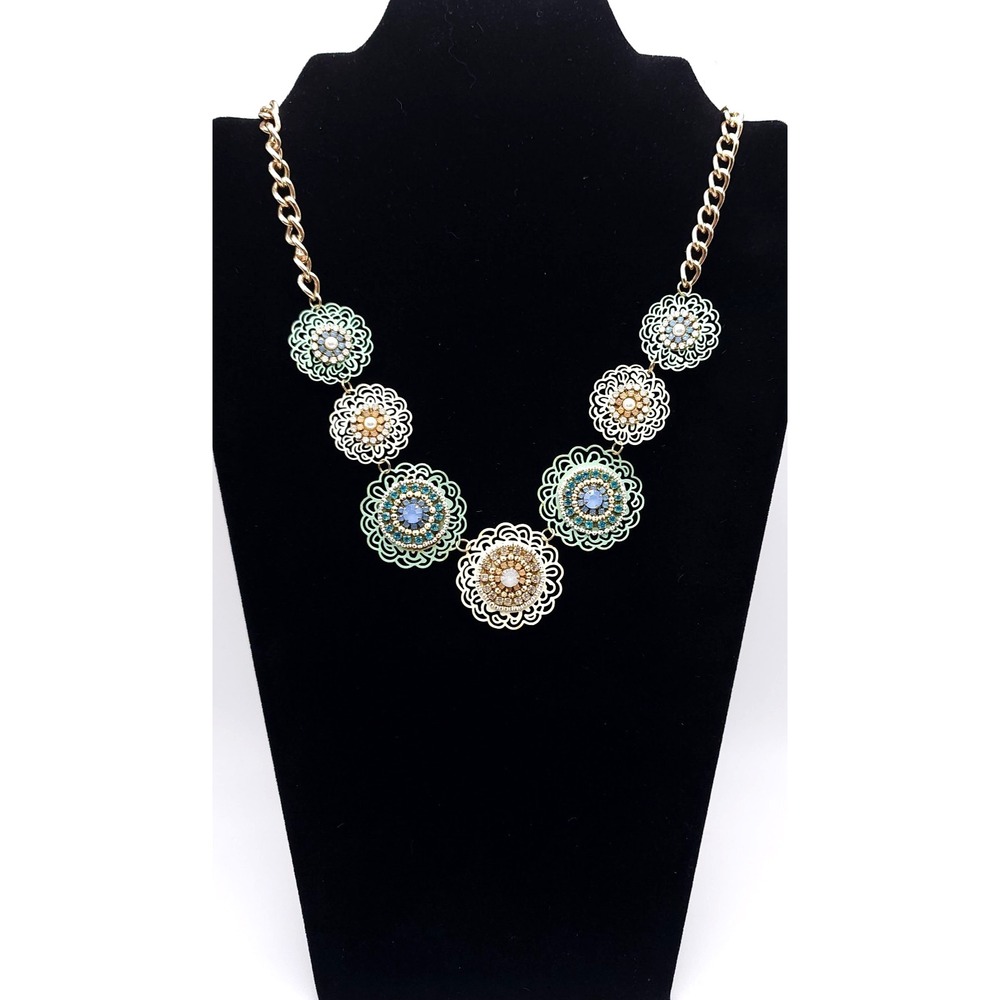 Charming Charlie Floral Statement Necklace Mint Ivory Gold Tone Signed
